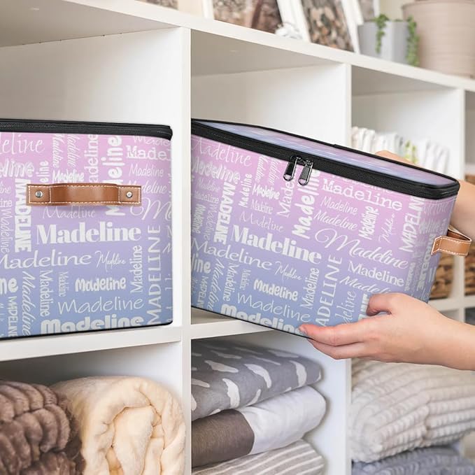 Custom Storage Basket with Name, Personalized Storage Bins with Zipper Lid, Foldable Fabric Storage Box Large capacity with Handle Pink Purple