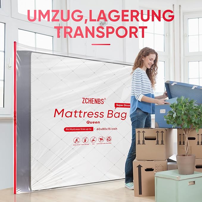 ZCHENBS® – Mattress Bags for Moving and Storage,Mattress Bag with Zippers,5 Mil Ultra-Thick Bed Bag,Waterproof,Anti-Tear,Heavy-Duty Mattress bag (Transaparent/Red, Queen-(2 Pack))
