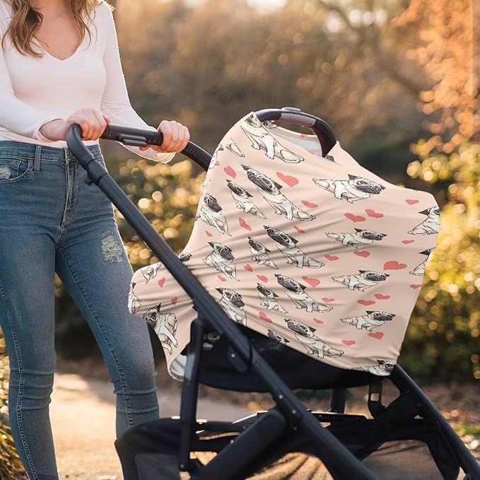 Binienty Cute Bulldog Print Baby Car Seat Canopy Cover Multi Use Nursing Cover for Newborn Boys Girls Soft Breathable Newborn Carrier/Stroller/Shopping Car
