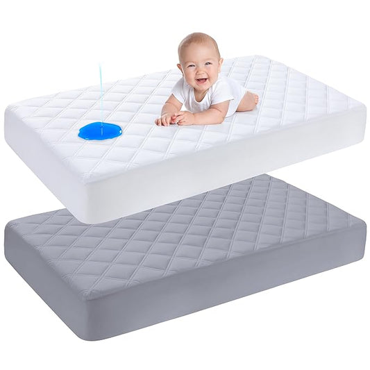 Yoofoss Waterproof Crib Mattress Protector 2 Pack, Quilted Crib Mattress Pad Cover Ultra Soft and Breathable, Machine Washable Toddler Mattress Protector for Standard Baby Crib Size 52''x28''