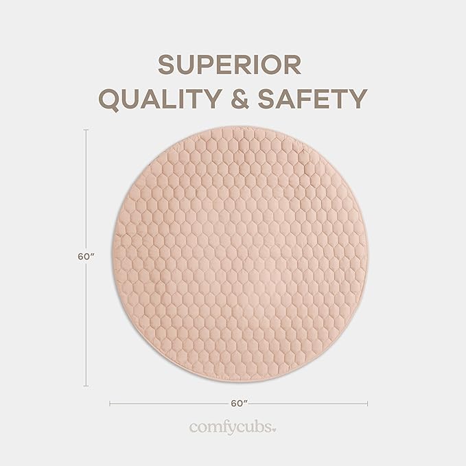 Comfy Cubs Round Kids Play Mat - Large 60 inches Soft Quilted Baby Floor Mat with Non-Slip Bottom - Plush Design for Toddlers' Playtime and Relaxation - Comfortable and Durable - Blush