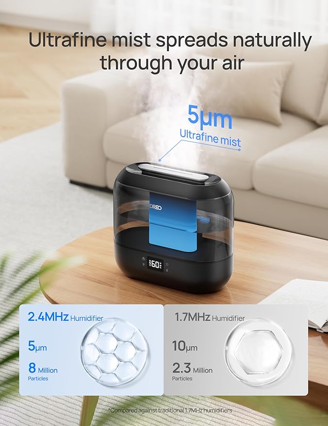 Dreo Smart Humidifiers for Bedroom, Top Fill 4L Supersized Humidifier Large Room with 28 dB, 36H Runtime, Touch/APP/Voice Control, Nightlight, Cool Mist Humidifiers for Baby, Plants, Indoor, Black