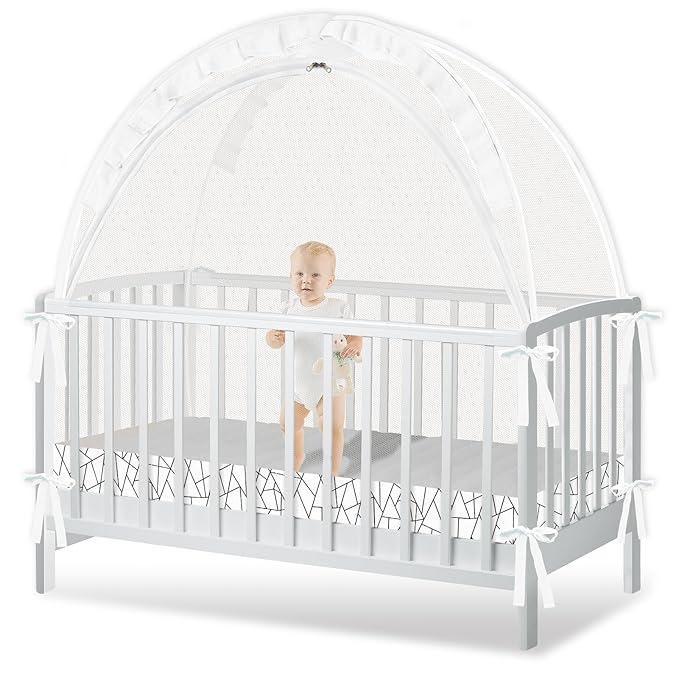Crib Tent to Keep Baby from Climbing Out - Crib Net to Keep Baby in - Pop Up Breathable Cribs Cover - Canopy with Upgrade Strong Mesh and Durable Zipper (White - Lines, Lager)