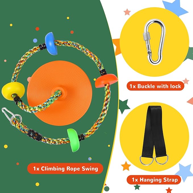 Tree Swing Rainbow Climbing Rope, Heavy Duty Swing Disc Seat Replacement for Kids with Hanging Strap and Platform Carabiners Indoor/Outdoor Playground Accessories (Orange)