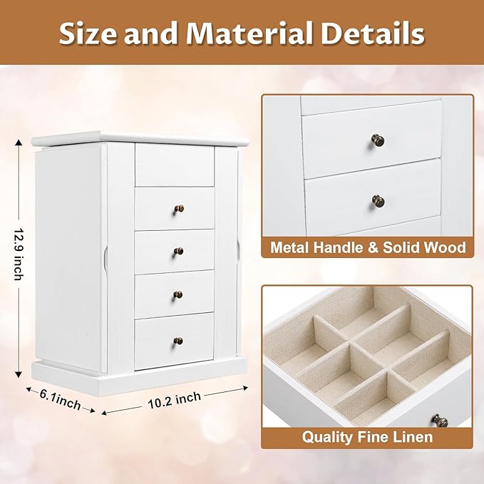 Jewelry Box for Women, 5 Layer Large Wood Jewelry Boxes & Organizers for Necklaces Earrings Rings Bracelets, Rustic Jewelry Organizer Box with Drawers and Mirror (Vintage White)