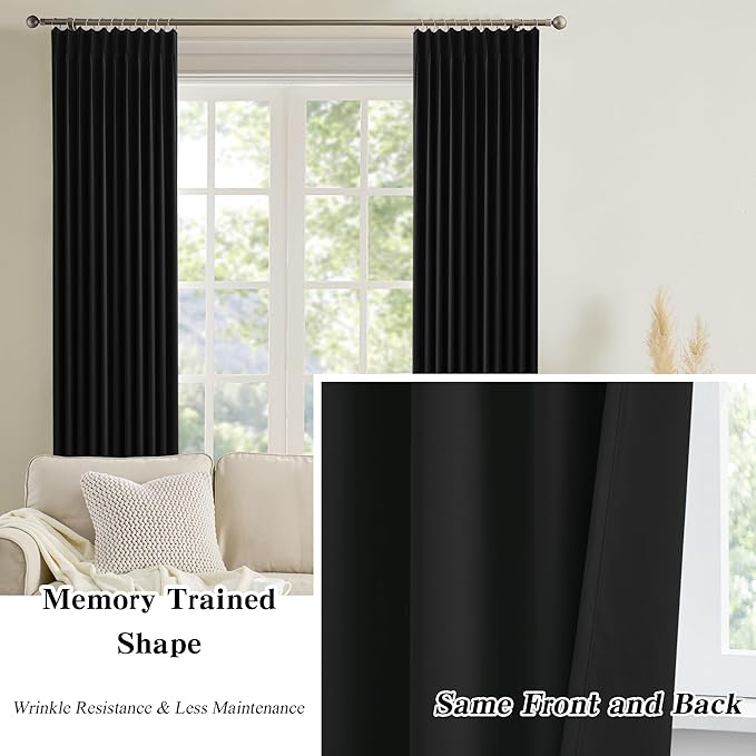 KEQIAOSUOCAI Extra Wide Black Pinch Pleated Curtains 100 x 95, Thermal Insulated Noise Cancelling Living Room Drapes 95 Inches Long, Patio Sliding Glass Door Window Curtain 2 Panels