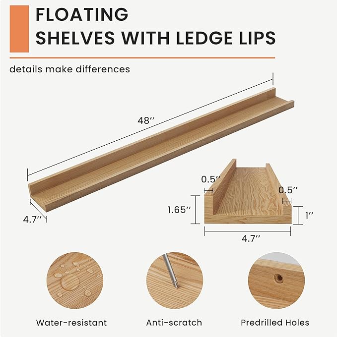 Solid Ash Wood Picture Ledge Shelf, Wood Floating Shelves Set of 2, 48 Inch Long Large Photo Ledge Shelves, Nursery Book Shelves Wall Mounted for Living Room Kids' Bedroom Decor, Natural