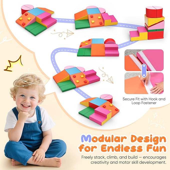 Lischwert Foam Climbing Blocks for Toddlers 1-3, 7pcs Soft Play Set with Crawling Exploration Toys, Indoor Outdoor Infant Safe Blocks for Baby Gym Toddler Playground