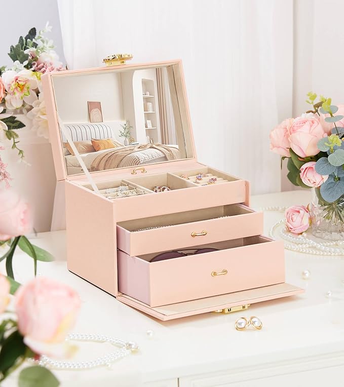 Jewelry Box with Lock for Girls: Jewelry Organizer for Dresser - 3-Drawer Earrings Storage Girls Women Gift (Peach Pink)