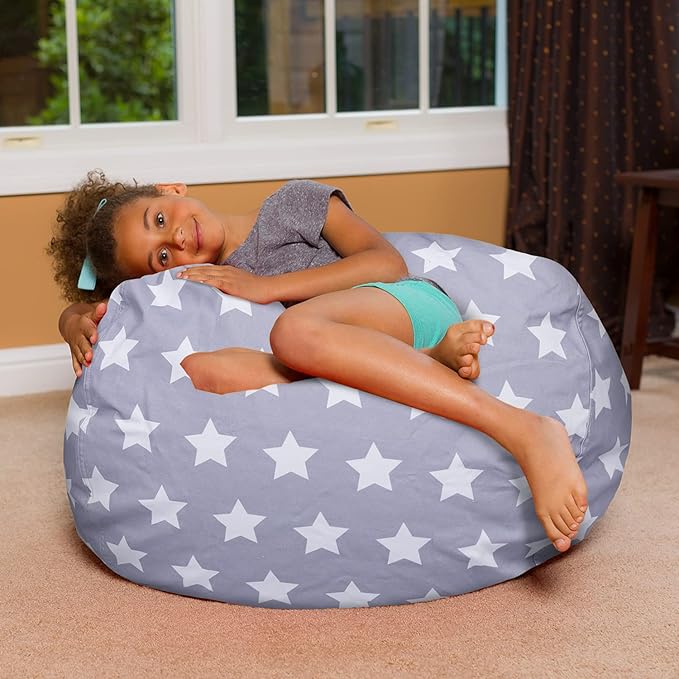 Posh Creations Bean Bag Chair for Kids, Teens, and Adults Includes Removable and Machine Washable Cover, Canvas White Stars on Gray, 38in - Large