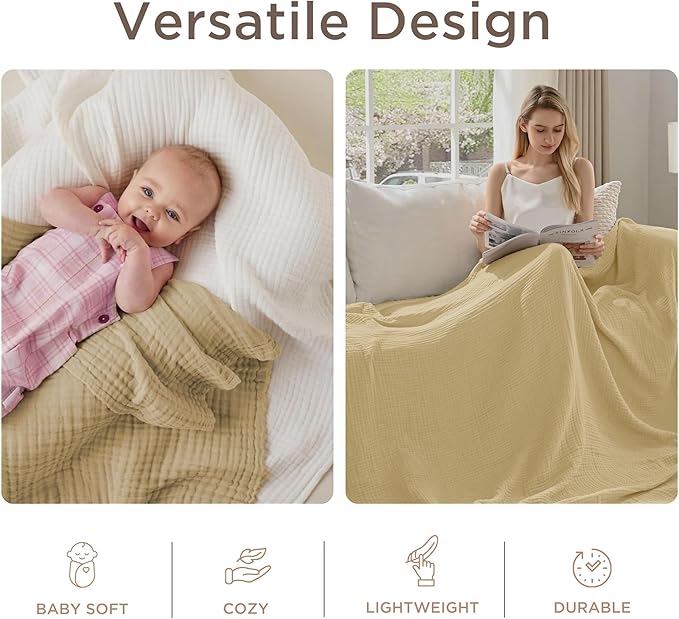 Threadmill King Size Blanket | 4 Layer 100% Cotton Gauze | Lightweight, Breathable, and Cozy Summer |Muslin Blanket for Couch, Bed| Beige