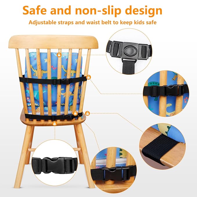 Toddler Booster Seat for Dining Table, 12.6x3.34 Inch Portable High Chair for Travel, Compact Lightweight With Adjustable Straps for Baby (Dinosaur)