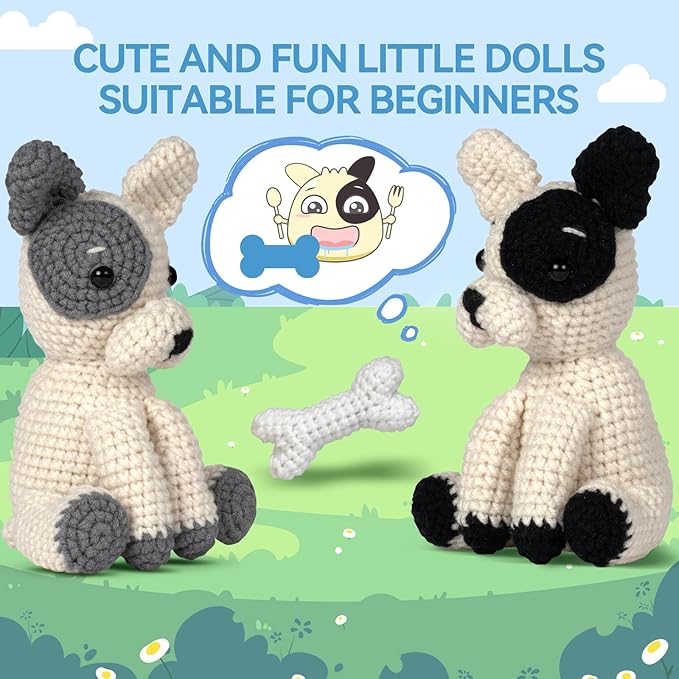 MOREJMTT Crochet Kit for Beginners Animal,Crochet Animal Kits,Crocheting Kit for Starters,Learn to Crochet with Step-by-Step Video Tutorials,Beginner Crochet Kits for Adults(2 Pack French Bulldog)