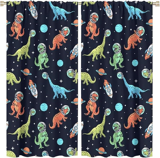 Cartoon Dinosaur Curtains for Kids Boys Girls Home Decor, Astronaut Rocket Funny Outer Space Blackout Rod Pocket Window Drapes for Bedroom Living Room W21xL45in Decor
