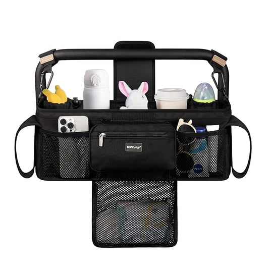 TOPDesign Universal Baby Stroller Organizer, Double Stroller Caddy with Detachable Mesh Bag & Heightened Insulated Cup Holders & Non-Slip Secure Hooks Accessories, Fits Most Strollers (Black)