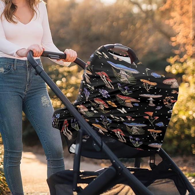 Binienty Mushrooms Car Seat Cover Canopies,Cottagecore Mushroom Nursing Cover for Mom Stretchy Infants Stroller Cover/High Chair/Breastfeeding Cover