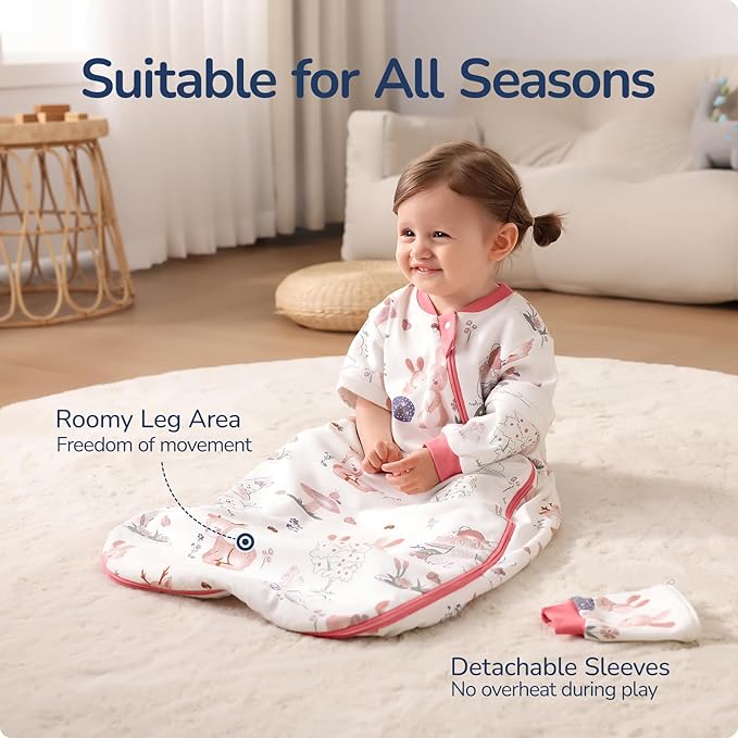 Baby Sleep Sack 3-6 Months, Cotton Detachable Long Sleeve Sleep Sack, 2.5 Tog Toddler Sleeping Sack with Temperature Strips, 2-Way Zipper Wearable Blankets for Newborns, Bunny