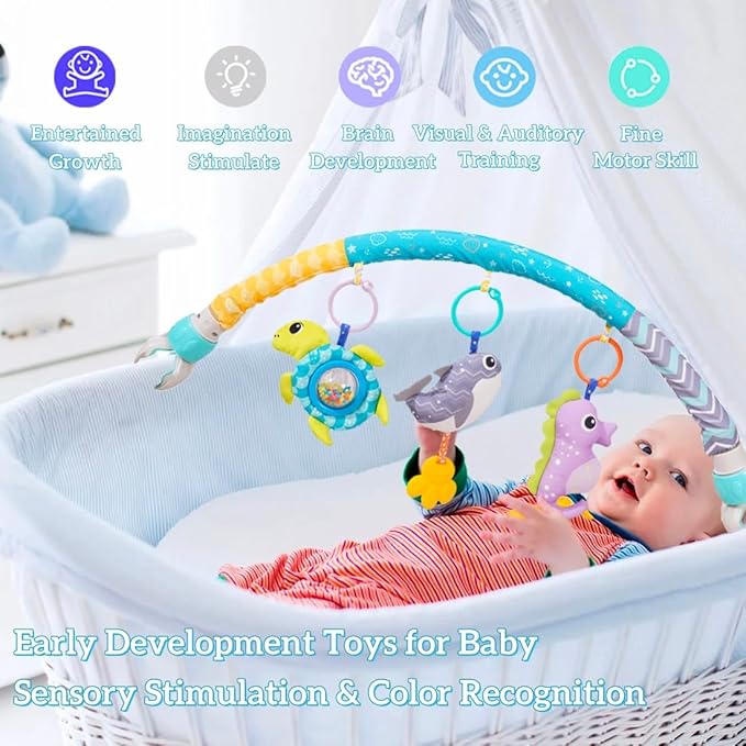 Baby Stroller Arch Toy, Clip On Arch Mobile for Bassinet with Universal Clamps, Activity Toy Bar for Bouncer Musical Crib Mobile Toys for Infants Car Seat Toys Rattle Turtle Music Whale