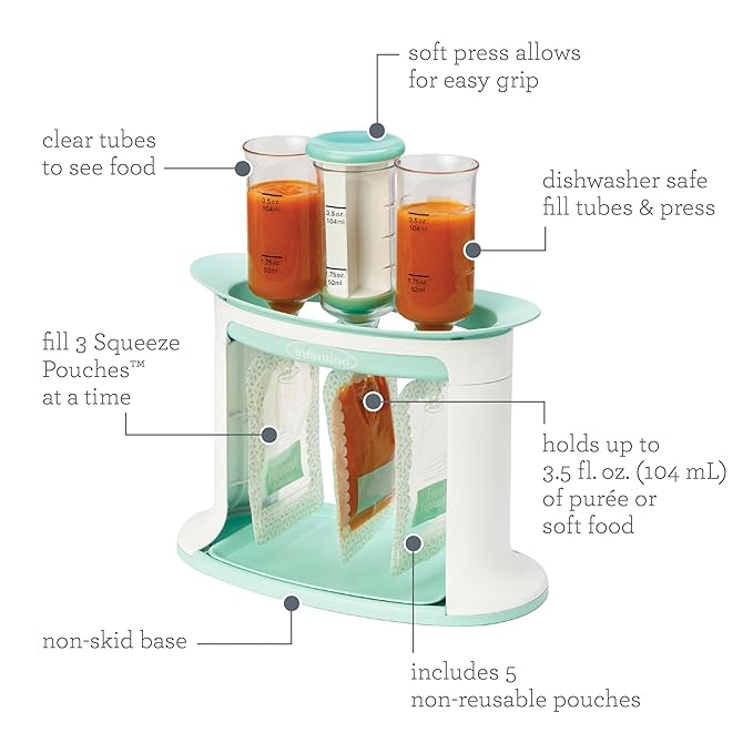 Infantino Squeeze Station, Baby Food Maker & Pouch Filler, Fill 3 Reusable Pouches at Once, Easy to Use, Dishwasher Safe, Homemade Baby Food Prep Essential, Teal