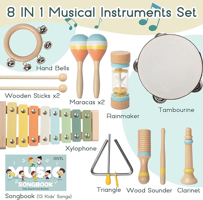 Baby Musical Instruments - Wooden Montessori Toys for Toddlers 1-3,Modern Boho Xylophone Includes Songbook with 13 Kids' Songs,Neutral Colors Wooden Percussion Instruments Set