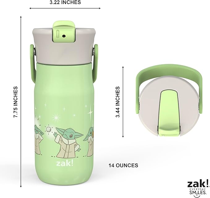 Zak Designs Harmony Star Wars The Mandalorian Kid Water Bottle for Travel or At Home, 14oz Recycled Stainless Steel is Leak-Proof When Closed and Vacuum Insulated (Baby Yoda, Grogu)