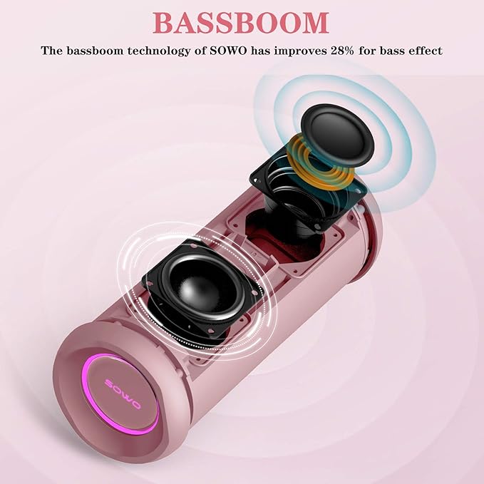 SOWO Outdoor Wireless Portable Bluetooth Speaker, IPX7 Waterproof Speaker, 25W Loud Sound, Bassboom Technology, TWS Pairing, 16H Playtime with Lights - Pink