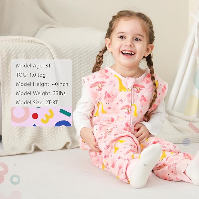 HOMEAL Toddler Sleeping Sack 3t-5t, 1.0 TOG Baby Girl Sleep Sack With Legs, Sleeveless