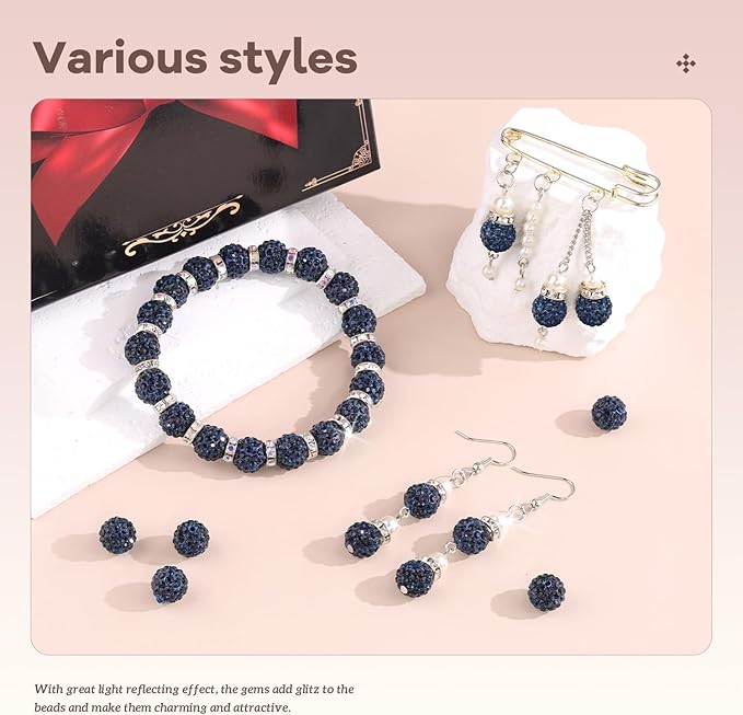 105pcs 10mm Rhinestone Beads for Jewelry Making, Blue Black Shiny Round Disco Ball Beads Bulk, Sparkle Crystal Clay Christmas for Bracelet Baseball Necklace Earring Crafting and DIY