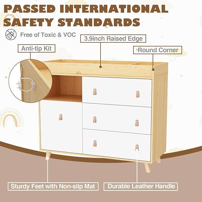 Baby Dresser Changing Table with Drawers,Shelf,Hidden Laundry Basket Storage,2 in 1 Nursery Dresser Chest for Infants, Baby Diaper Changing Station for Daycare,Bedroom,Natural