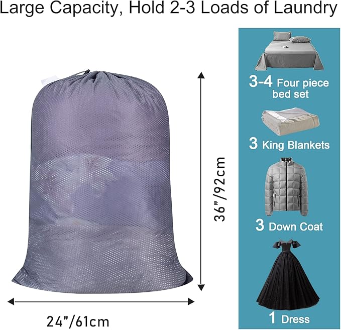 Polecasa Heavy Duty Large Mesh Laundry Bag with ID Tag and Locking Drawstring Closure - 24 x 36 inches - Laundry Hamper Liner, Washable Laundry Bags for Travel, Sports, Dorms (Grey)