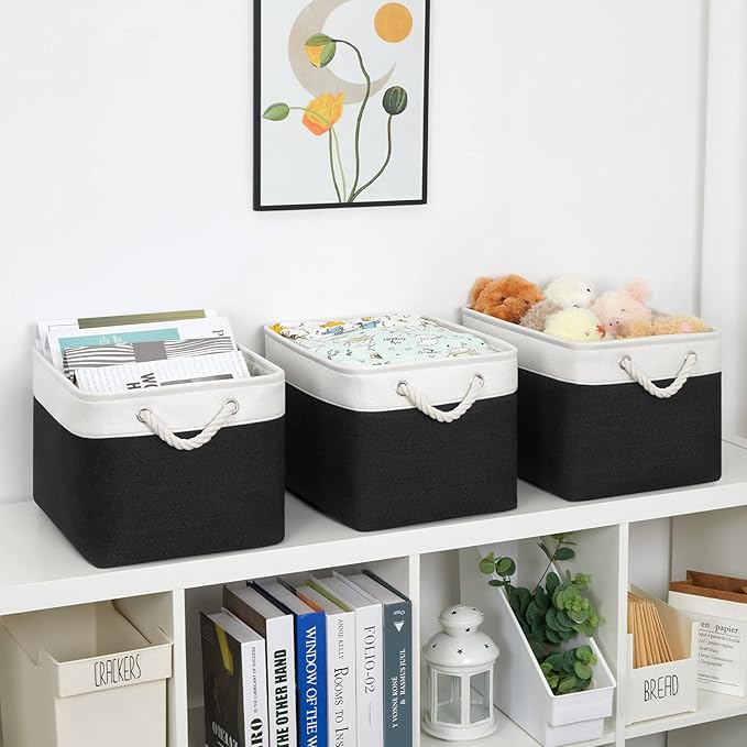 Bidtakay Black Storage Baskets for Shelves [3-pack] Collapsible Organizer Baskets for Laundry Storage 15 X 11 X 9.5 Inches Dog Toy Bins Fabric Storage Bins for Bedroom Home Storage