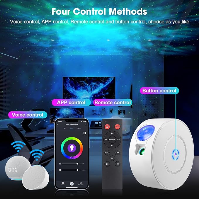 Laser Safety Certified Starry Sky Projector, 3+1 Control Modes 16M Color Adjustable Nebula via Mobile App, 900 Sq.ft Coverage, 4 Custom Scenes, 25dB Silent Operation with 4 Positioning Angles