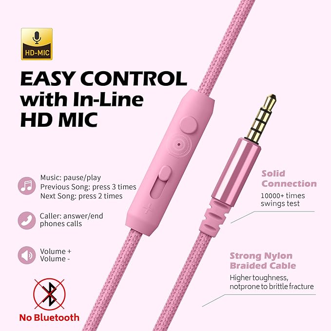 AILIHEN C8 Girls Headphones, On-Ear Headphones Wired with Microphone and Volume Control Foldable Corded Stereo 3.5mm Headset for Girls School Chromebook Laptop Computer PC Tablets Travel (Pink)