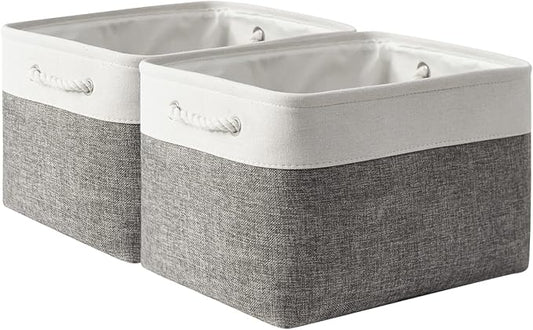 Storage Basket for Shelves - 17X15X12 inch 2 Pack Fabric Cube Storage Bin Collapsible Baskets for Organizing with Rope, Storage Box for Cloth Decorative (White & Grey)