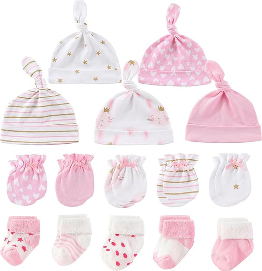 Newborn Baby Boy Girl Caps Mittens Socks Set Cotton Baby Essentials Accessories (Hats+Gloves+Socks)