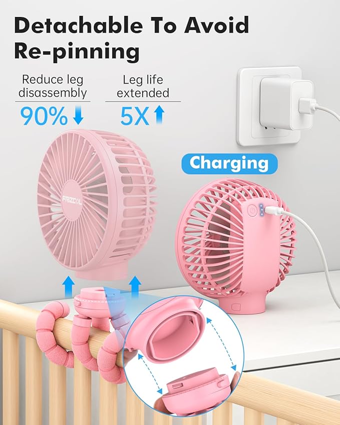 FRIZCOL Stroller Fan for Baby - Portable Fans Rechargeable - Battery Operated Fan(Use for 24Hrs) - Fans for Handheld/Clip On/Car Seat/Desk/Camping (Pink)