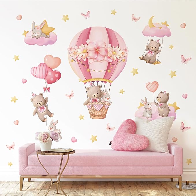 Tanlaby Pink Hot Air Balloon Wall Stickers Cartoon Bear Rabbit Stars Heart Wall Decals Peel and Stick Art Decor for Girls Bedroom Baby Nursery Kids Playroom Classroom