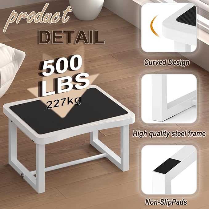 Wooden Step Stool with 500 Pounds, Wide Bed Step Stool for Adults，Wood White Step Stool&Stable Solid Metal Frame for Kitchen, Bedroom, Living Room, Bathroom