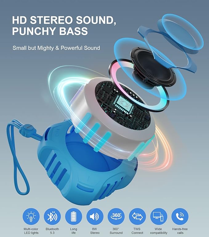 comiso Shower Bluetooth Speaker, IP67 Waterproof Speaker with LED Light, Portable Speakers with True Wireless Stereo, Floating, 2000mAh, Built-in-Mic, Ideal for Travel, Beach, Gifts for Unisex.