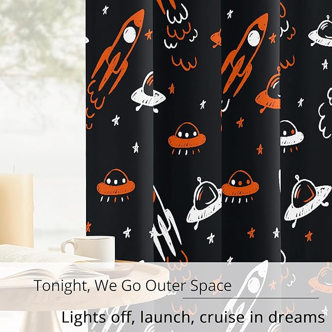 Kids Space UFO and Rocket Blackout Curtains - 100% Blackout, Thermal Insulated, Noise Reducing, Perfect for Kids Room and Nursery, 2 Panels (Starlight Rocket Chase, W52×L63)