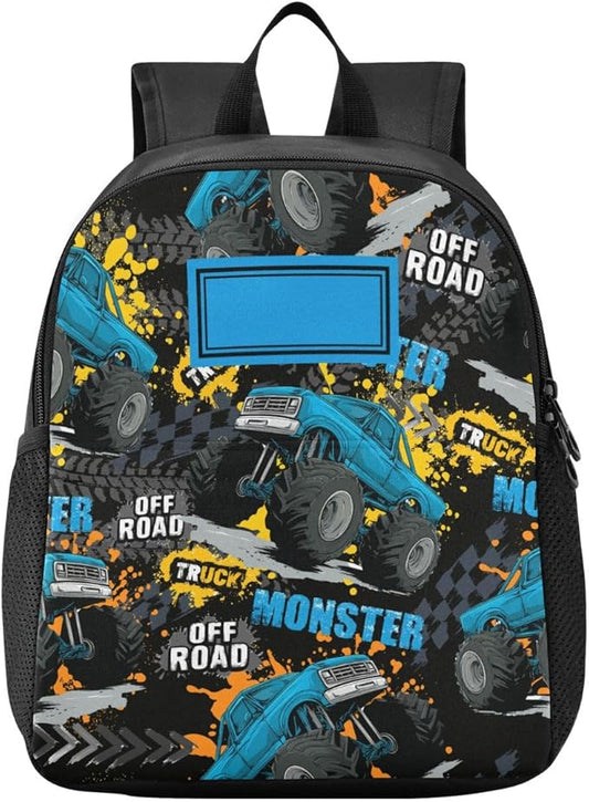 Monster Truck Toddler Backpack Waterproof Mini Backpack with Name/Text Preschool Backpack Cute Small Kindergarten Pre School Bags 13 Inch, Medium, Pattern 4