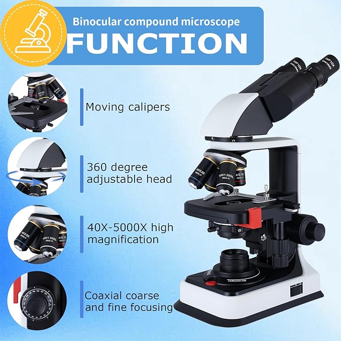 40X-2500X Binocular Microscope, WF10x and WF25x Eyepieces, LED Illumination, with Specimen Handpiece Holder, for Beginners, Microscope for Adults