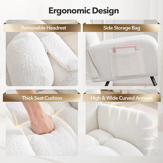 Nursery Rocking Chair,300Lb Glider Chair with Wood Legs/Two Side Pockets,Teddy Upholstered Glider Rocker with Padded Seat High Backrest for Living Room/Bedroom/Nursery