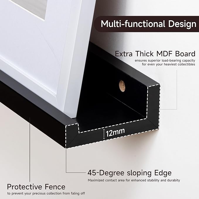 Fun Memories Picture Ledge Shelf, 48 Inch Floating Shelves Set of 2, Large Nursery Book Shelves for Toys Storage, Kids Bookshelf Wall Mounted for Wall Decor Books Photo Frames, Black