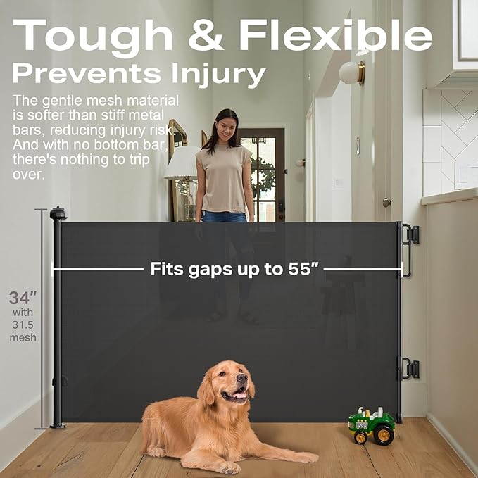 Cumbor 2-Pack Retractable Baby Gates for Stairs, 55" Wide Soft Mesh Pet Gate for Dogs with One Hand Opening, 34" Tall Toddler Gate with Top Lock for Bedroom, Doorways, Indoor/Outdoor, Black