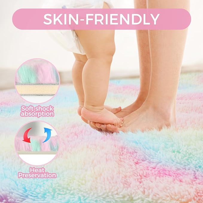 Ultra Soft Rug for Living Room, 8X10 Fluffy Shag Area Rug for Bedroom, Modern Shaggy Carpets Fuzzy Rug for Teens Dorm Nursery Home Decor Aesthetic, Upgrade Anti-Skid Durable, Rainbow