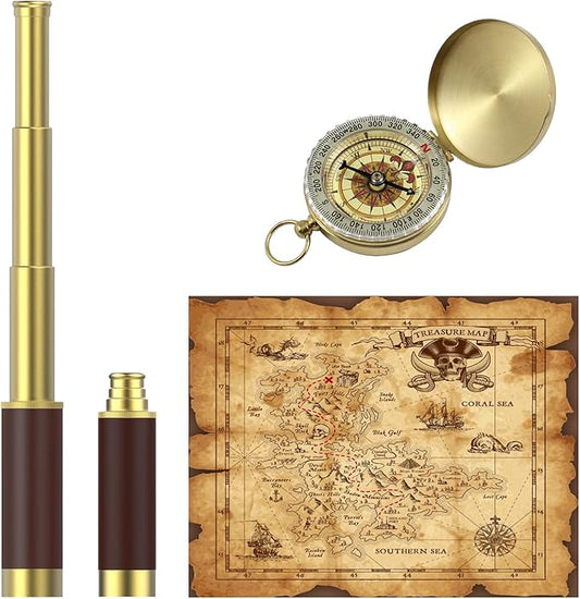 Pirate Monocular Telescope with Treasure Map Pocket Compass - Collapsible Spyglass for Party Accessory Set