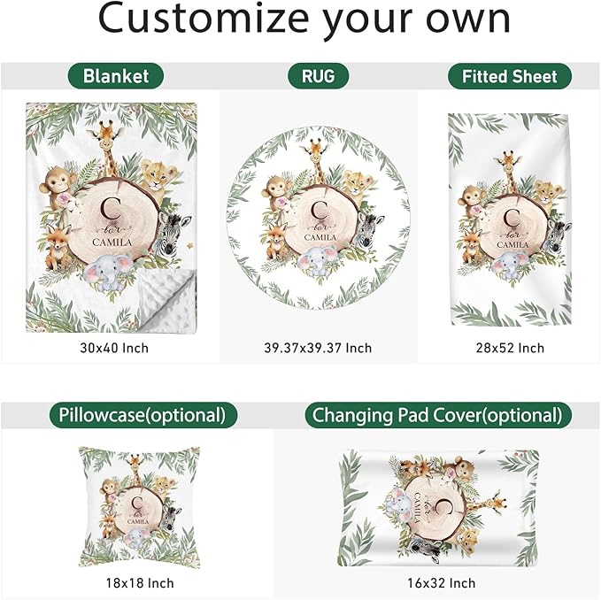 Personalized Baby Crib Bedding Set - Custom Name Animals and Forests 3 Pcs Set - Soft Blanket with Double Layer Dotted Backing, Fitted Sheet, Room Rug for Newborns Boys Girls Shower Gift