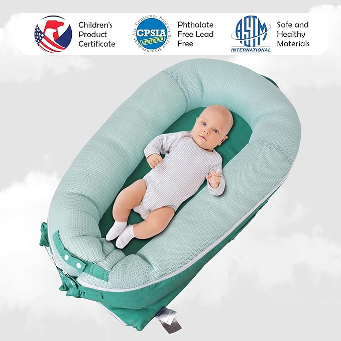 Baby Lounger, Deluxe Infant Lounger, Baby Nest Cover for Baby, Breathable Cotton, Adjustable Baby Floor Seat for Tummy Time, Newborn Essentials for Baby 0-12 Months (Greener)