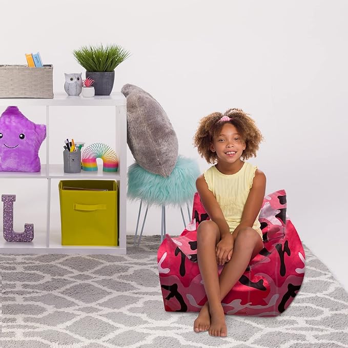 Posh Creations Structured Comfy Bean Bag Chair for Gaming, Reading and Watching TV, Newport Chair, Nylon - Camo Pink and Black